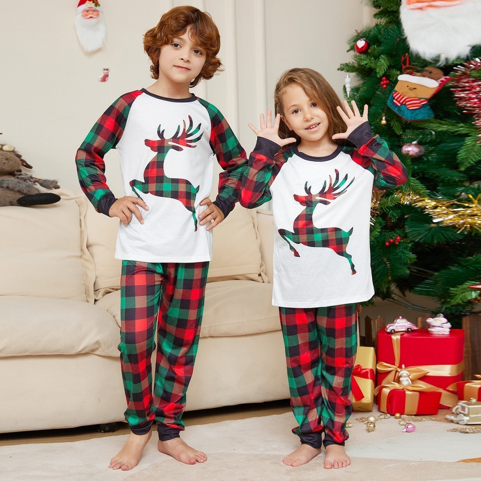 Elk Plaid Print Christmas Family Couples Matching Pajamas Party Sets - ciclove