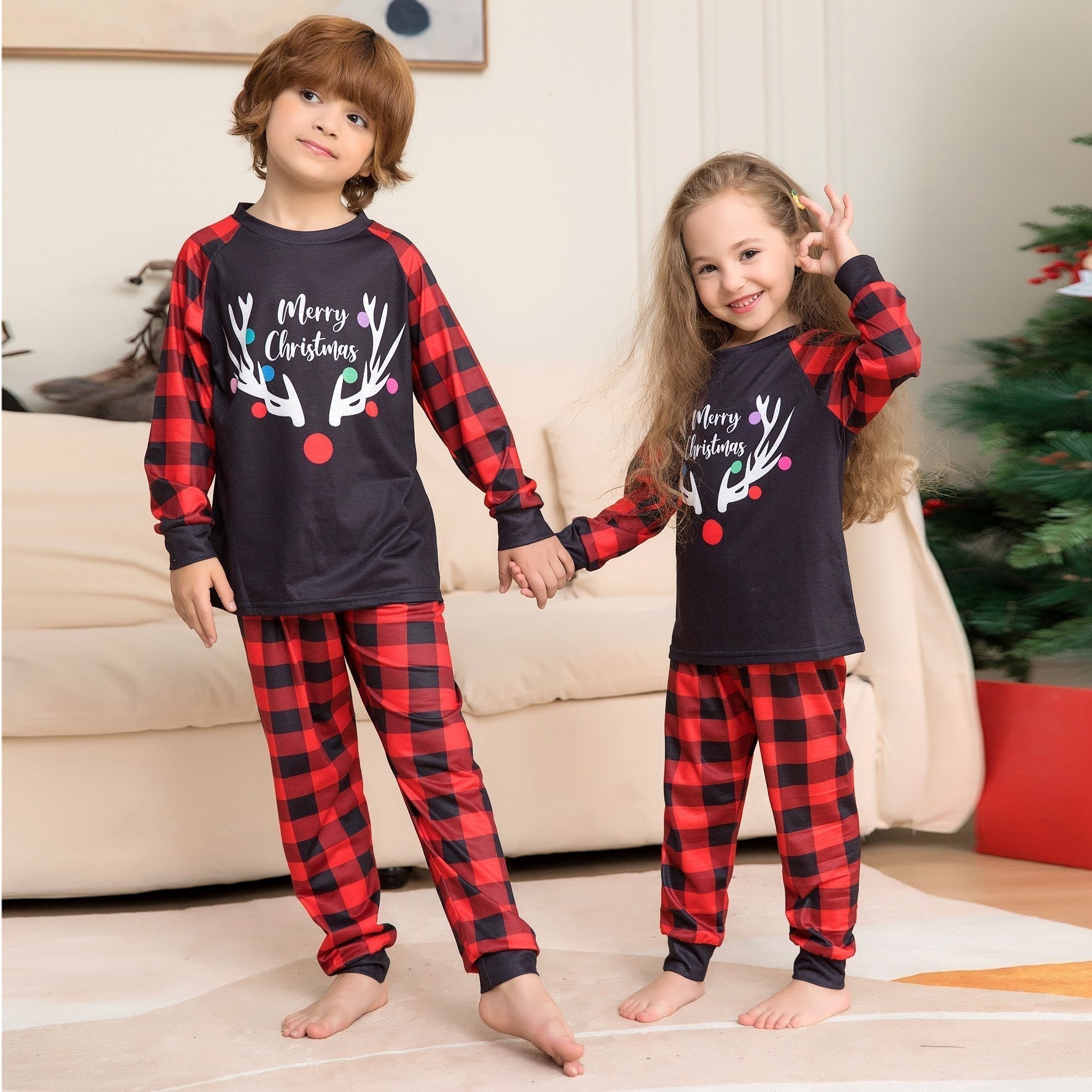 Christmas Deer Antler Print Plaid Family Couples Matching Pajamas Party Set - ciclove