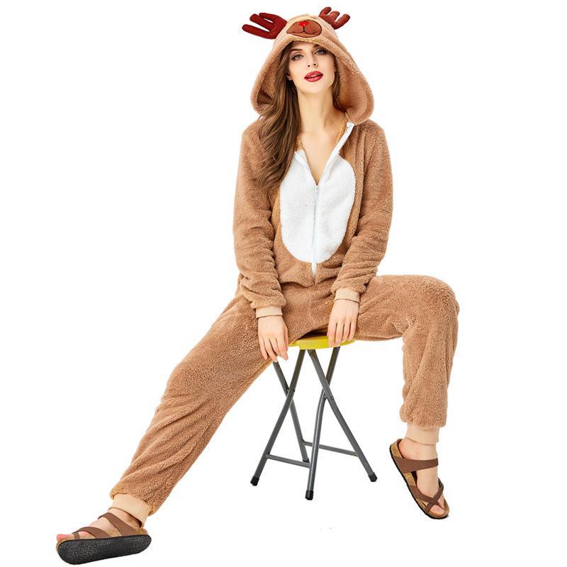 Women Animal Reindeer Christmas Rudolph Deer Jumpsuit Costume Onesies Adult Party Pajamas