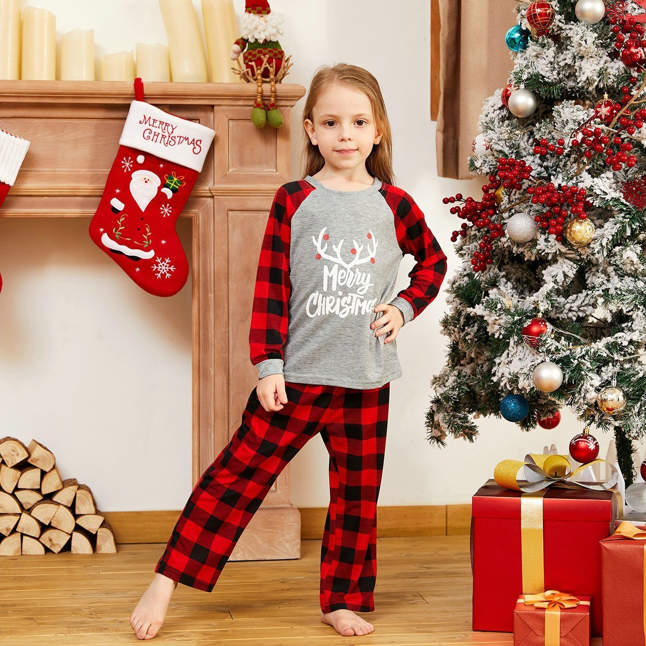 Christmas Family matching Deer print plaid Pajamas two Pieces Set Santa Patterned 2022