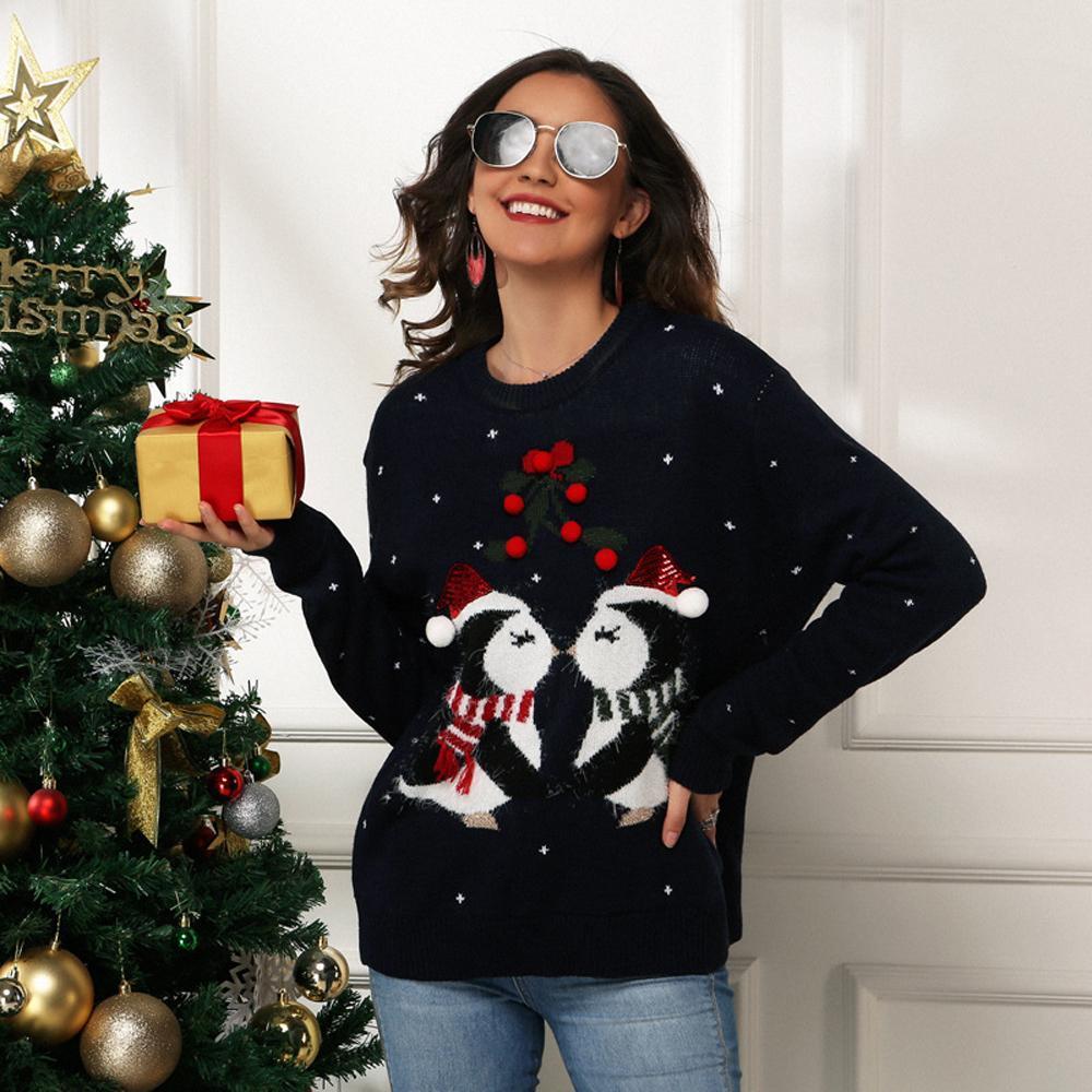 Little Penguin Jacquard Loose Long Sleeve Women Ugly Christmas Sweaters - ciclove