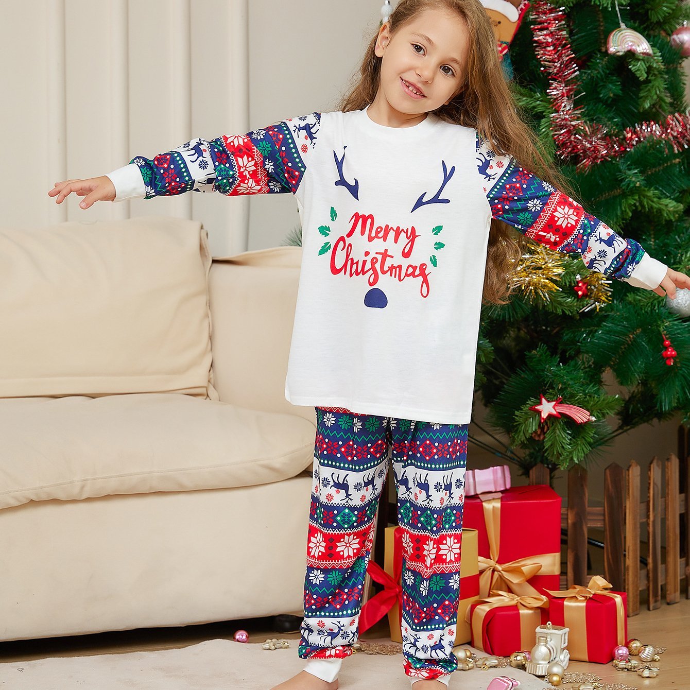 BuyLettered Elk Antler Print Christmas Family Couples Matching Pajamas Party Sets Now Cheaper With 3 - 5 Days Ship - PajamasBuy